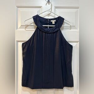 J Crew Navy Blue Silk Halter Top Sleeveless Metallic Blouse Pleated Women's Sz 8